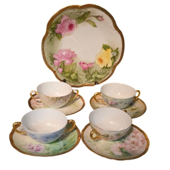 Antique Hand-Painted Tea Cup Saucer & Plate Limoges Signed Floral Gold Trim More - Picture 1 of 16